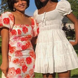White Smocked Tiered Mini Dress with Puff Sleeves